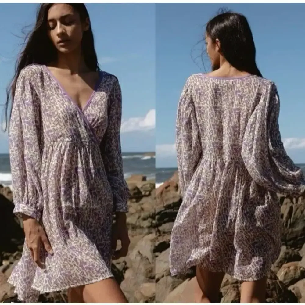 Daughters of India Binita Mini Dress Violet Floral Boho Cotton XS NWT
